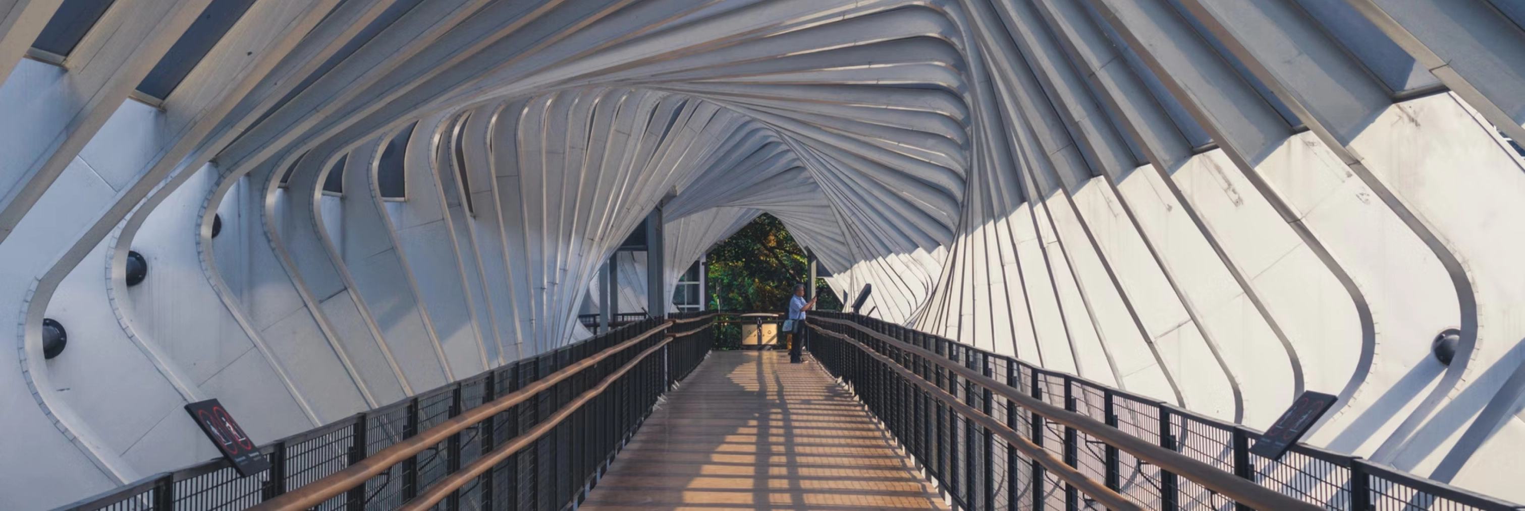 Modern architectural bridge with curved white beams and wooden flooring, sunlight casting shadows on the floor